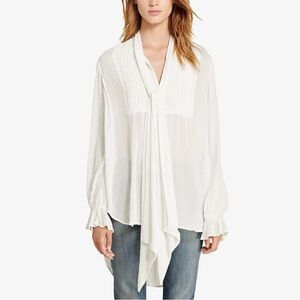 🔥Denim Supply Ralph Lauren White Long Tie Neck Crinkle Cotton Top NWOT - S